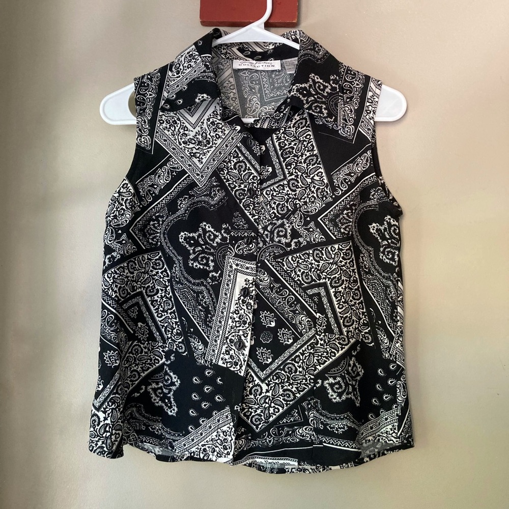 Vintage Giorgio Fiozlini Black & White Bandana Print Collared Tank Top S - Picture 3 of 6